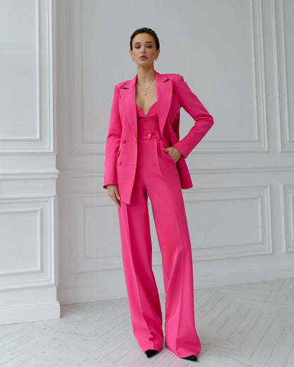 Prom Bridal Wedding Cocktail Graduation Pink Three-Piece Women Suit Jacket Top Trousers Pantsuit Palazzo Pants