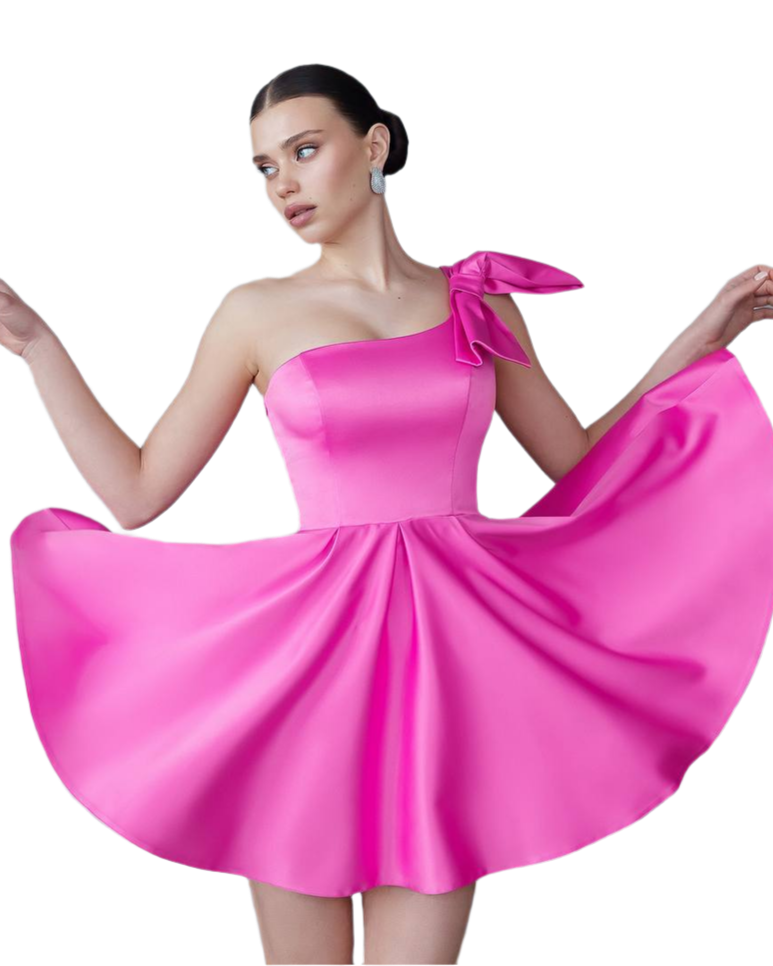 One-Shoulder Satin Dress with Bow Detail in Raspberry Pink