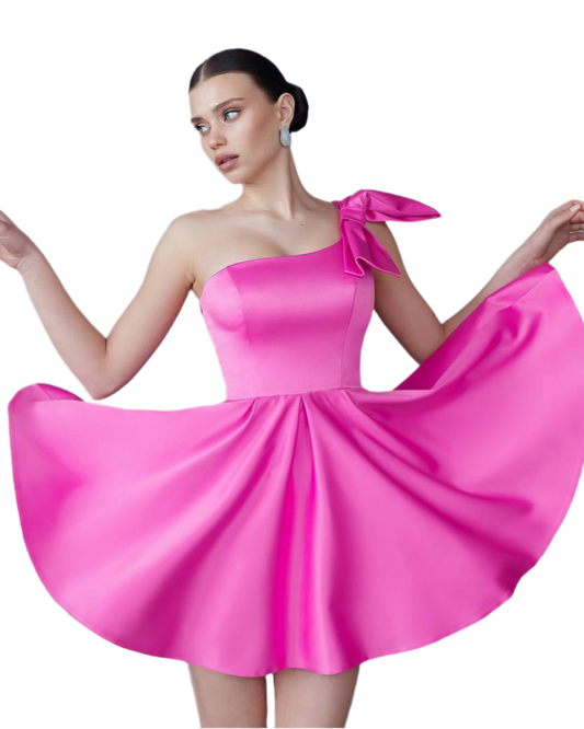 One-Shoulder Satin Dress with Bow Detail in Raspberry Pink