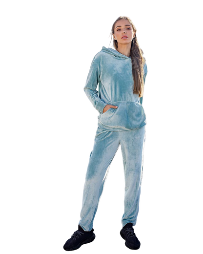 Womens Velour Suit with Double Hood Soft Hoodie and Jogger Pants