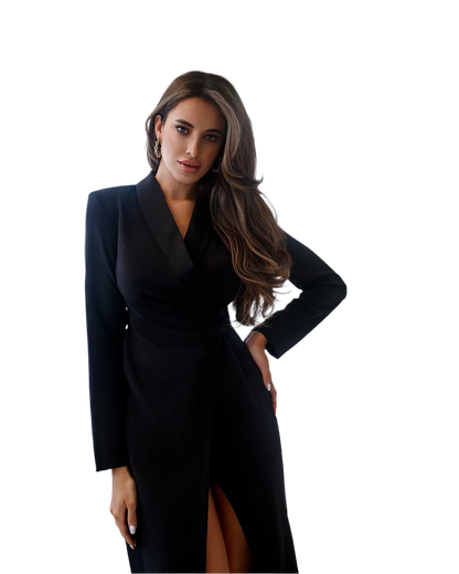 Woman wearing a black dress with a white background