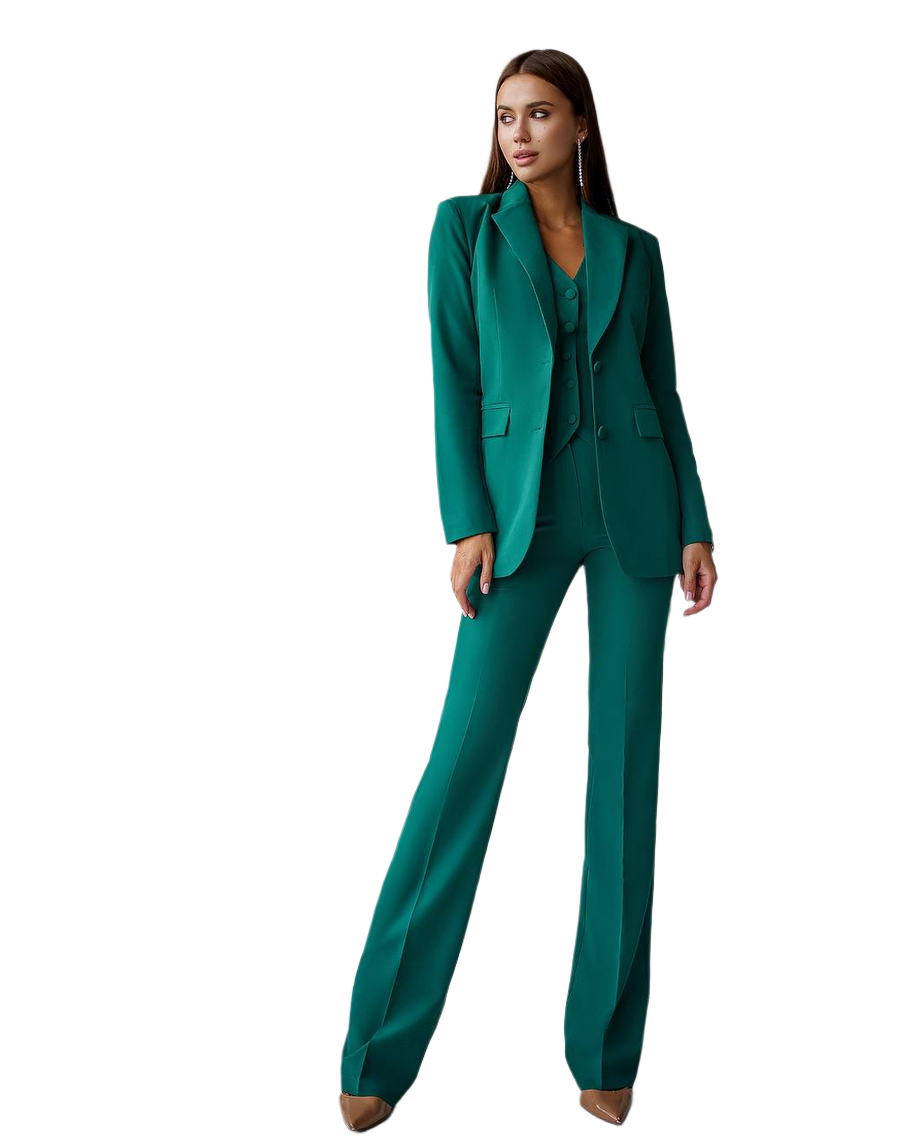 Womens Three-Piece Suit with Vest in Green Diagonal Suit Crepe Fabric