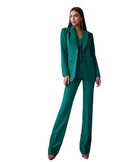 Womens Three-Piece Suit with Vest in Green Diagonal Suit Crepe Fabric