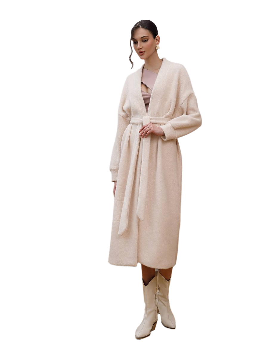 Soft Silva Fluffy Cardigan for Women with Belt in Milk Color