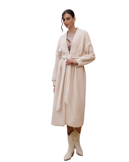 Soft Silva Fluffy Cardigan for Women with Belt in Milk Color