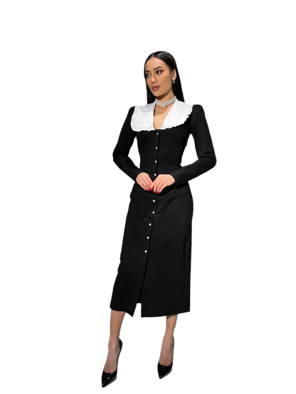 Elegant Black Midi Dress with White Frilled Collar for Women