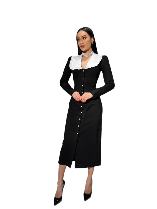 Elegant Black Midi Dress with White Frilled Collar for Women