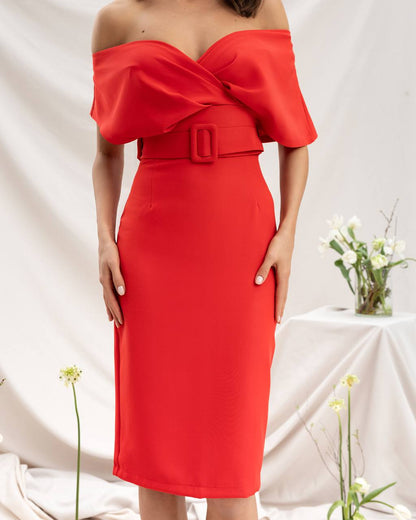 Red off-shoulder dress with a belt on a white background