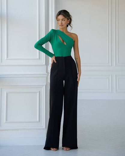 Womens One Sleeve Cutout Top in Grass Green Dense Jersey Knit