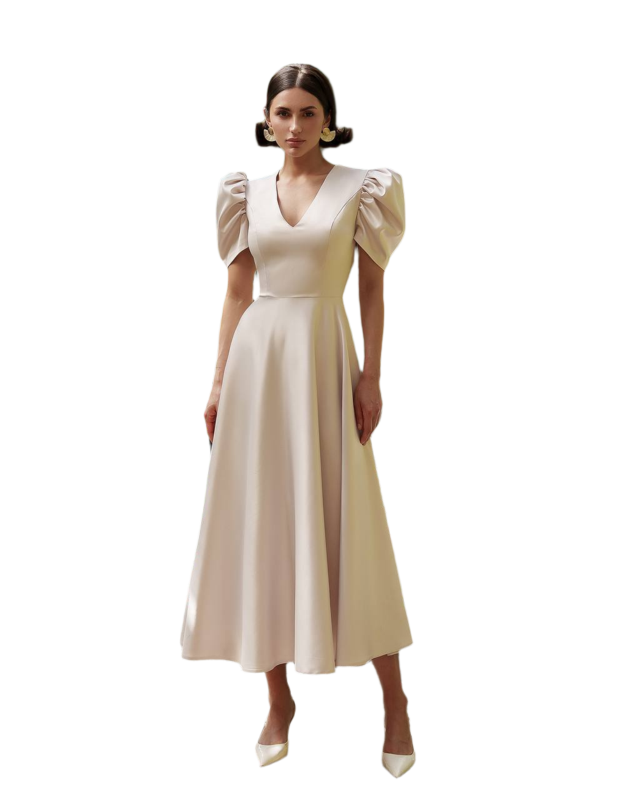 Elegant Premium Satin Midi Dress with Puff Sleeves