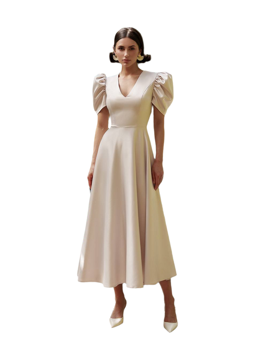 Elegant Premium Satin Midi Dress with Puff Sleeves
