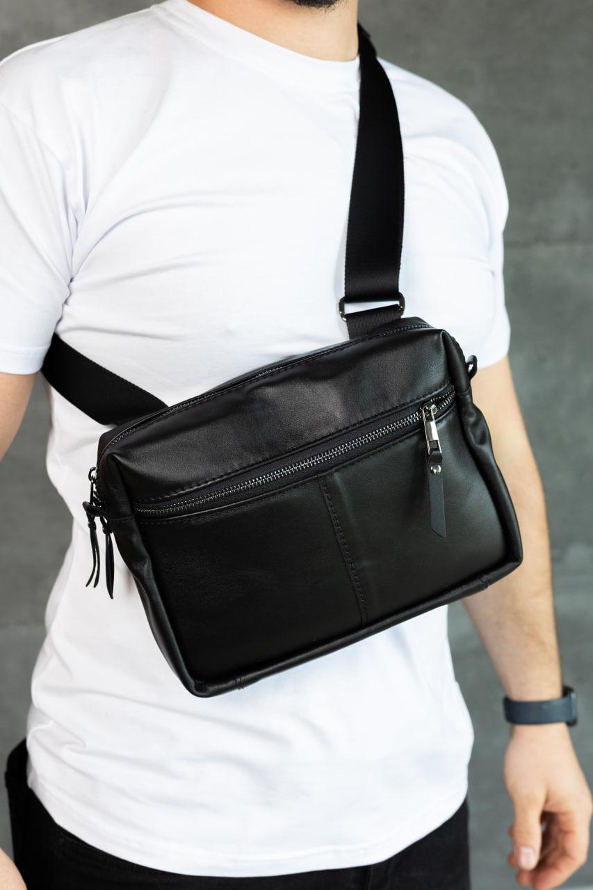 Handmade Mens Black Leather Crossbody Bag Gift for Him Compact Leather Sling Bag