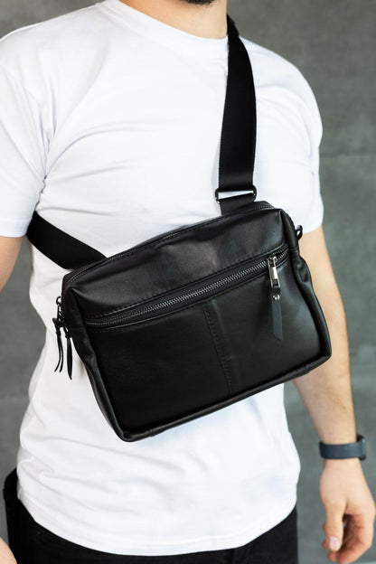 Handmade Mens Black Leather Crossbody Bag Gift for Him Compact Leather Sling Bag