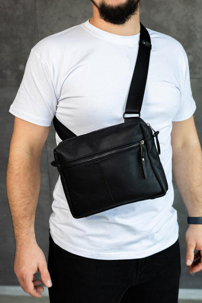 Handmade Mens Leather Crossbody Bag Black Gift for Him