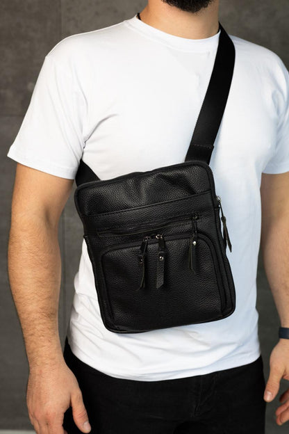 Mens handmade leather crossbody bag black messenger gift for him
