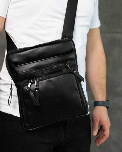Handmade Mens Skill Leather Crossbody Bag Black Gift for Him