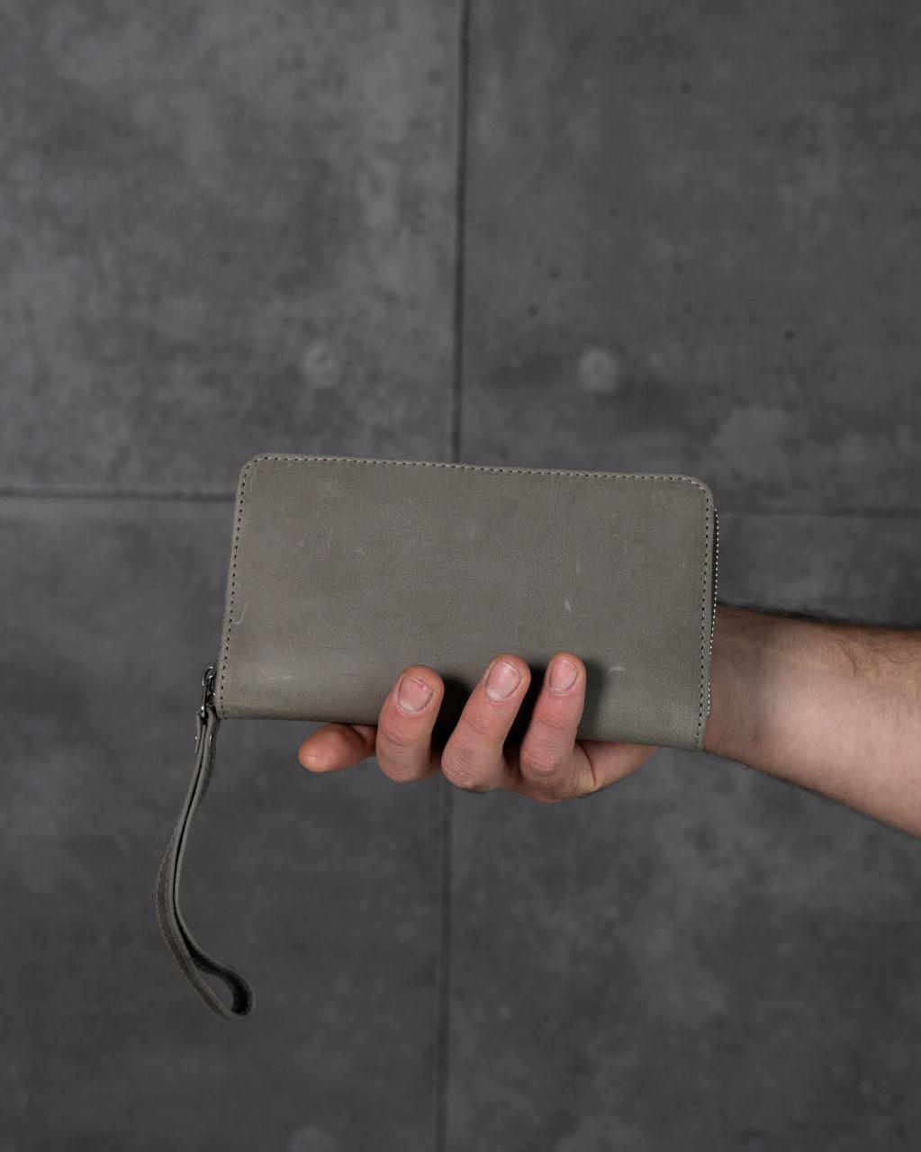 Handmade Crazy Horse Gray Leather Clutch Wallet Wristlet Gift for Him