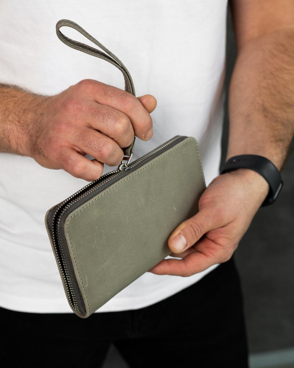 Handmade Crazy Horse Gray Leather Clutch Wallet Wristlet