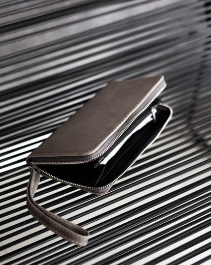 Handmade Crazy Horse Gray Leather Clutch Wallet Wristlet Gift for Him