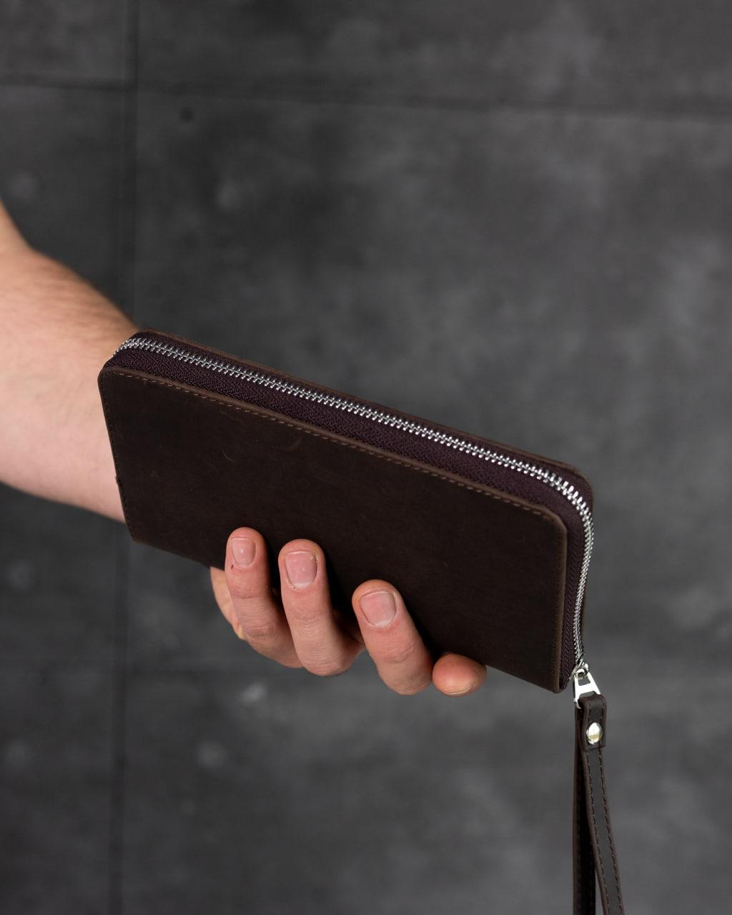 Handmade Genuine Leather Crazy Horse Brown Clutch Wallet Wristlet Zip Gift for Him