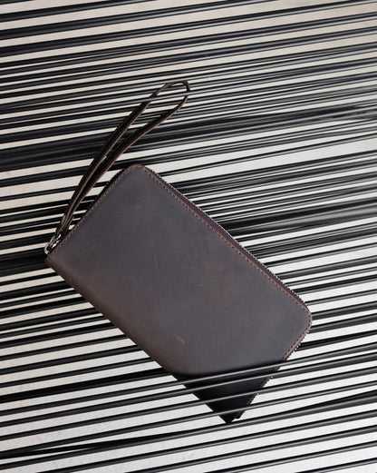 Handmade Genuine Leather Crazy Horse Brown Clutch Wallet Wristlet Zip Gift for Him