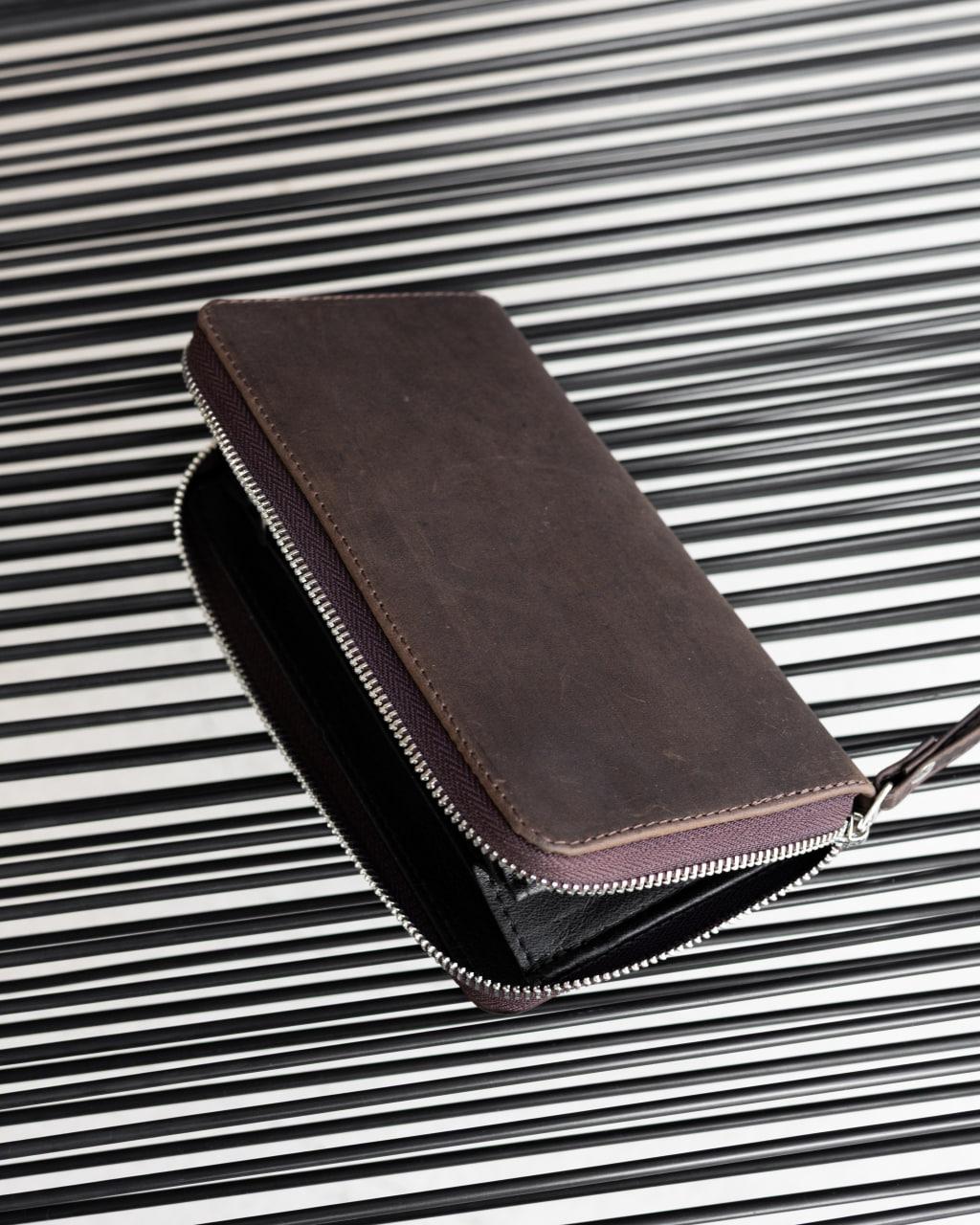 Handmade Genuine Leather Crazy Horse Brown Clutch Wallet Wristlet Zip Gift for Him