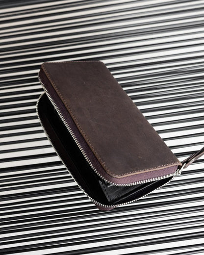 Handmade Genuine Leather Crazy Horse Brown Clutch Wallet Wristlet Zip Gift for Him
