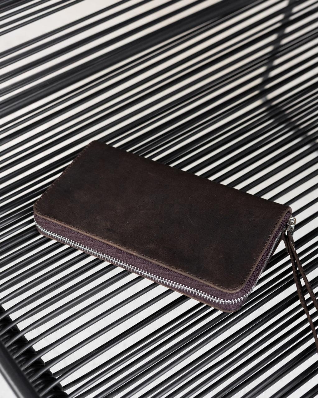 Handmade Genuine Leather Crazy Horse Brown Clutch Wallet Wristlet Zip Gift for Him