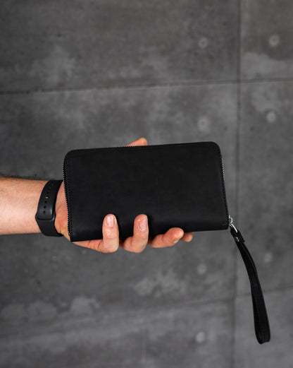 Handmade Black Crazy Horse Leather Clutch Wallet Genuine Leather Zippered Wallet Gift for Him