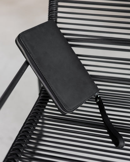 Handmade Black Crazy Horse Leather Clutch Wallet Genuine Leather Zippered Wallet Gift for Him
