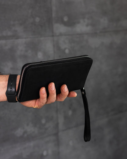 Handmade Black Crazy Horse Leather Clutch Wallet Genuine Leather Zippered Wallet Gift for Him