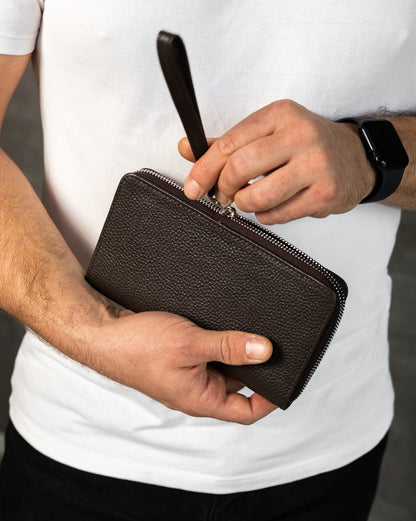 Handmade Brown Grain Leather Mens Clutch Wallet Zipper Wristlet Gift for Him