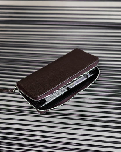 Handmade Brown Grain Leather Mens Clutch Wallet Zipper Wristlet Gift for Him