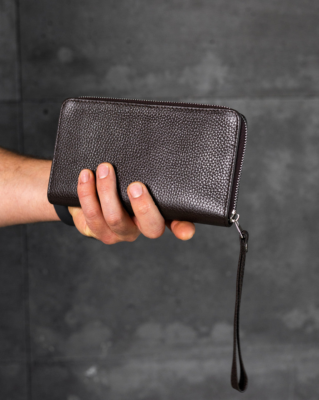 Handmade Brown Grain Leather Mens Clutch Wallet Zipper Wristlet Gift for Him