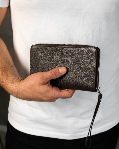 Handmade Brown Grain Leather Mens Clutch Wallet Zipper Wristlet Gift for Him