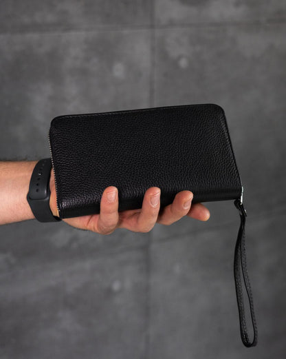 Handmade Mens Clutch Wallet Black Genuine Grain Leather Flotar Gift For Him