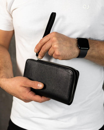 Handmade Mens Clutch Wallet Black Genuine Grain Leather Flotar Gift For Him