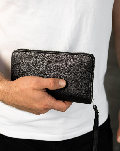 Handmade Mens Clutch Wallet Black Genuine Grain Leather Flotar Gift For Him