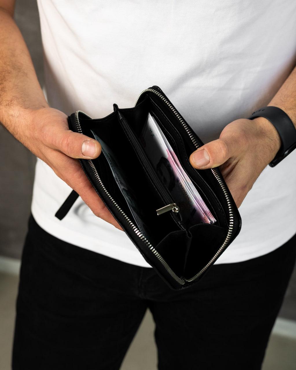 Handmade Mens Clutch Wallet Black Genuine Grain Leather Flotar Gift For Him