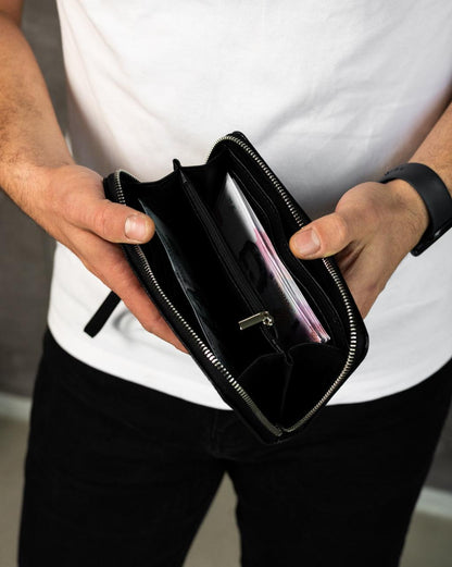 Handmade Mens Clutch Wallet Black Genuine Grain Leather Flotar Gift For Him