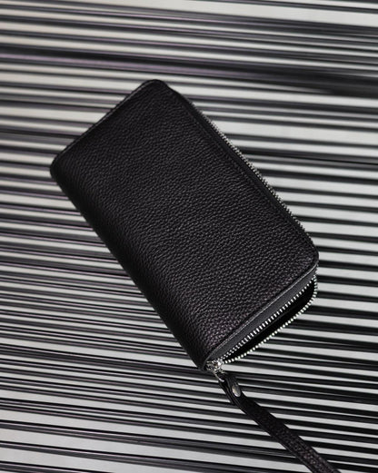 Handmade Mens Clutch Wallet Black Genuine Grain Leather Flotar Gift For Him