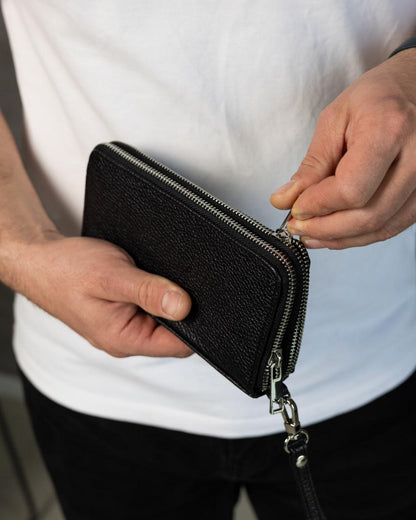 Mens Handmade Grain Leather Clutch Wallet Black Gift For Him