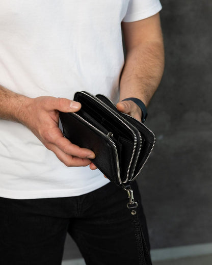 Mens Handmade Grain Leather Clutch Wallet Black Gift For Him