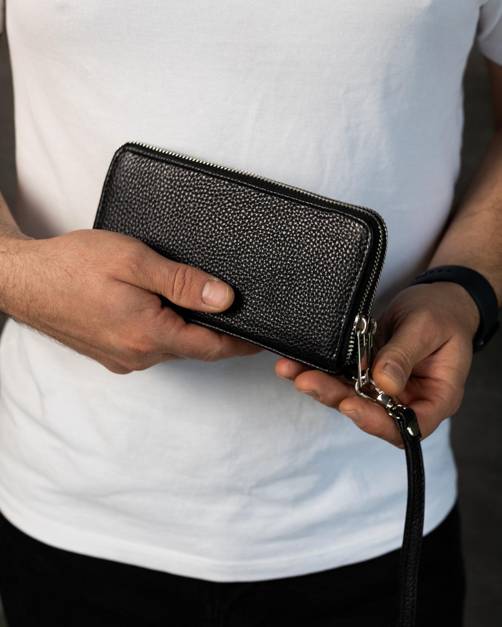Mens Handmade Grain Leather Clutch Wallet Black Gift For Him