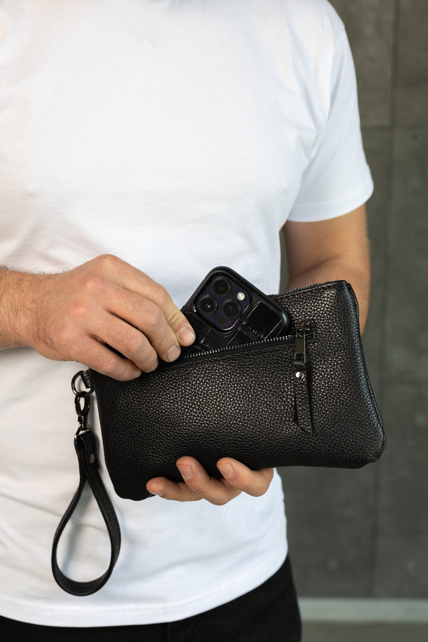 Handmade Mens Leather Clutch SKILL Black Gift For Him