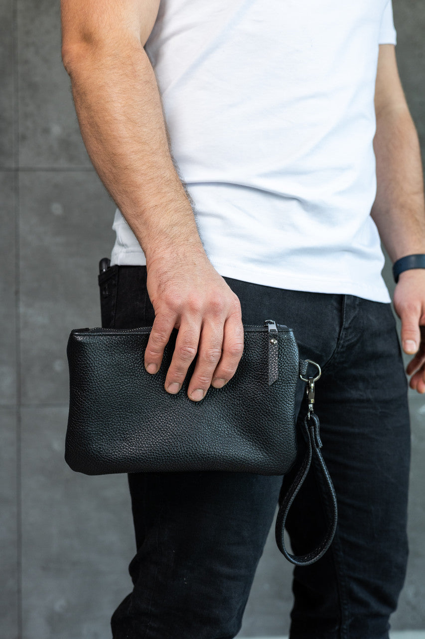 Handmade Mens Leather Clutch SKILL Black Gift For Him