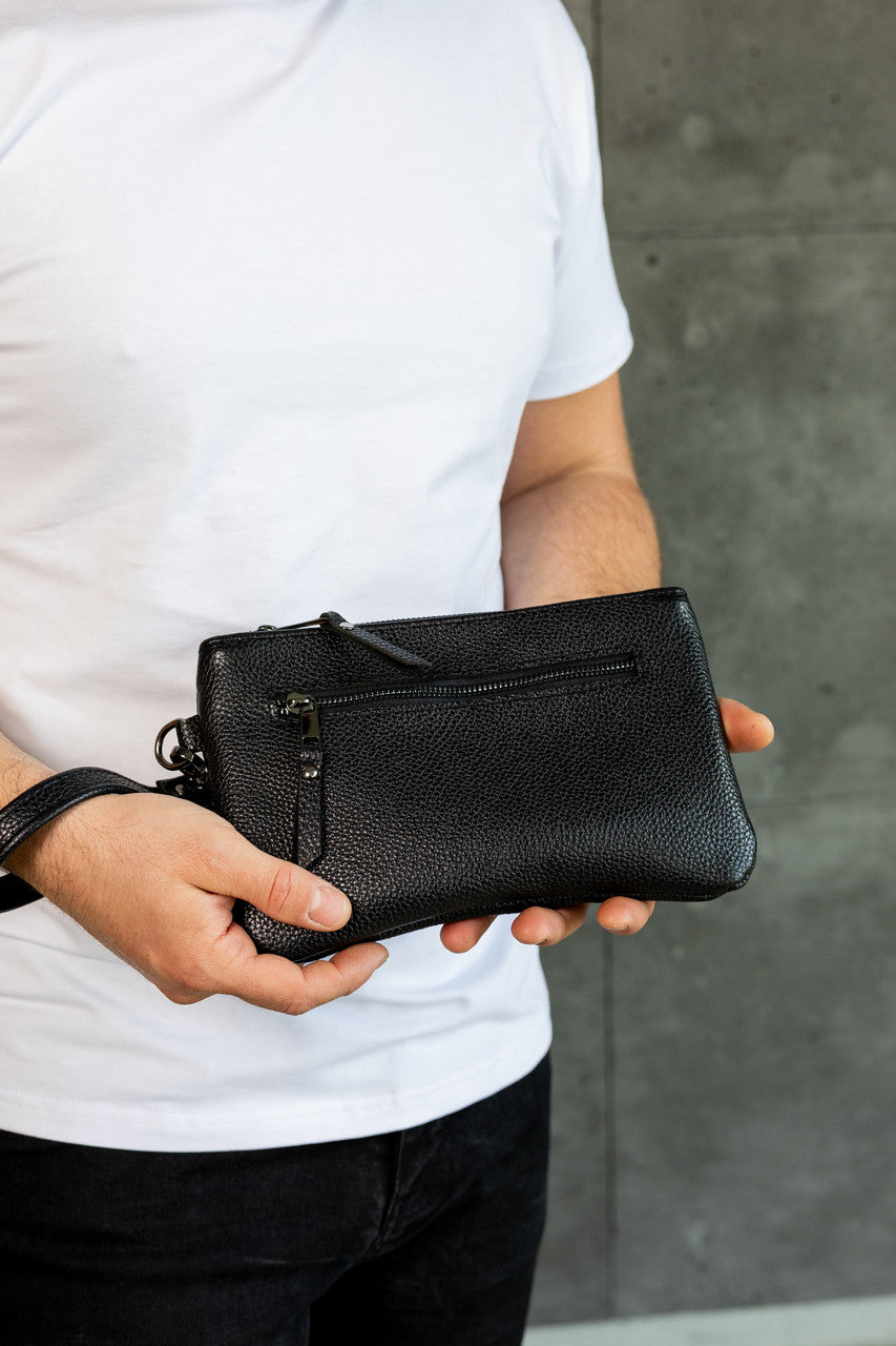 Handmade Mens Leather Clutch SKILL Black Gift For Him