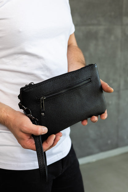 Handmade Mens Leather Clutch SKILL Black Gift For Him