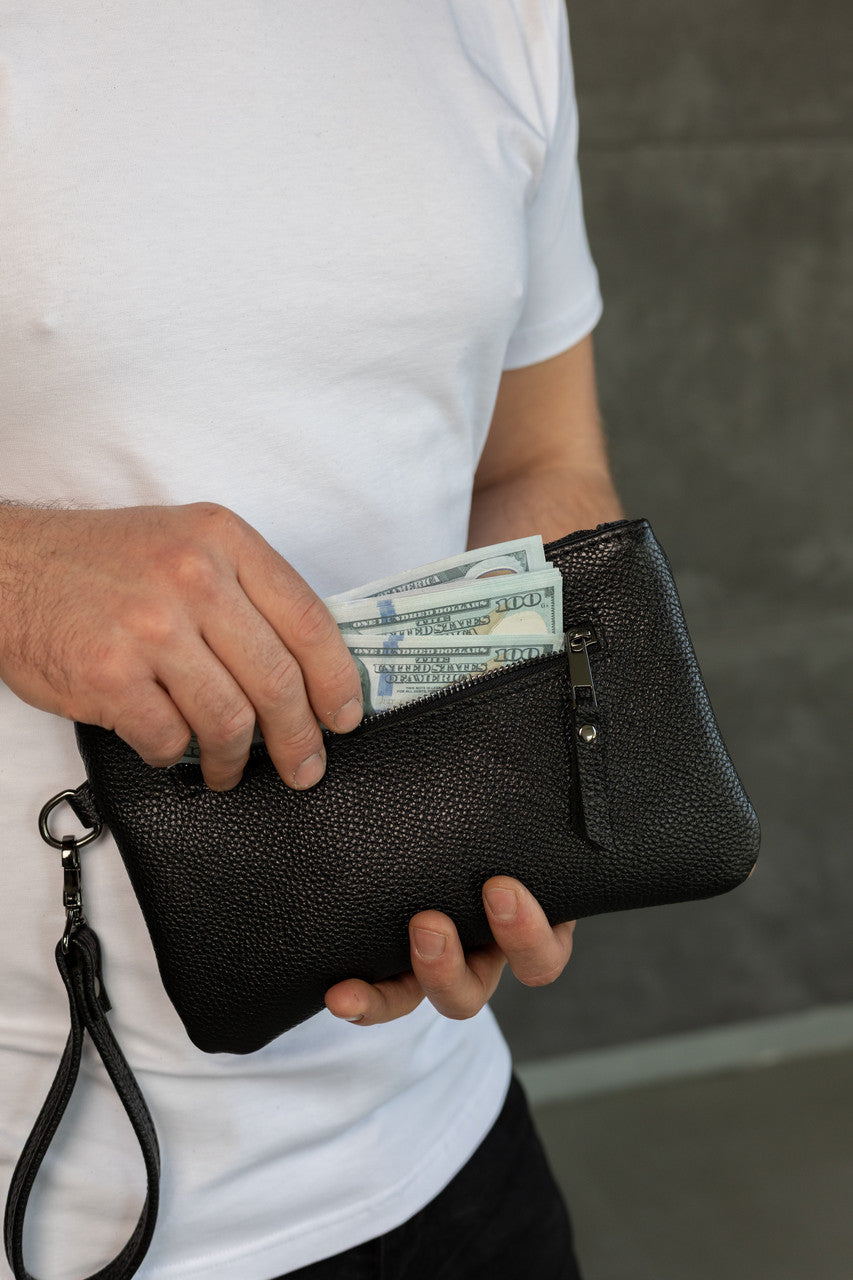 Handmade Mens Leather Clutch SKILL Black Gift For Him