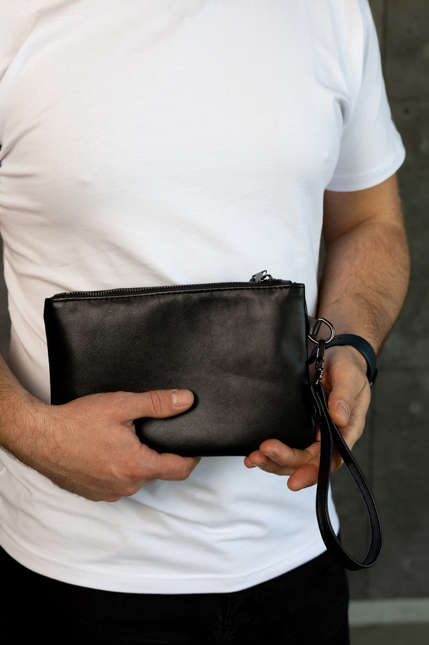 Handmade Genuine Smooth Leather Black Clutch Wristlet Gift for Him